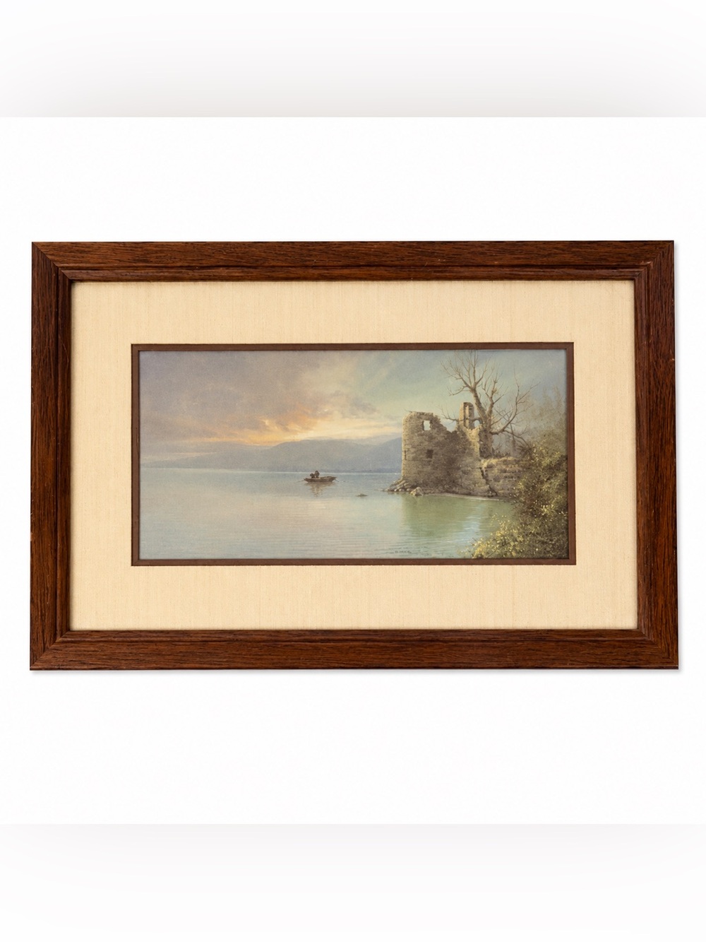 Framed Coastal Sunset Landscape Wall Art Gray Tones Linen Mat Signed 13” x 9”
